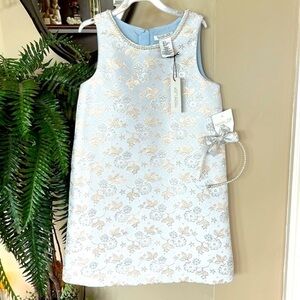 Brand New Rachel Zoe Sleeveless Dress Faux Pearl Neckline Floral Icy Blue Sheen